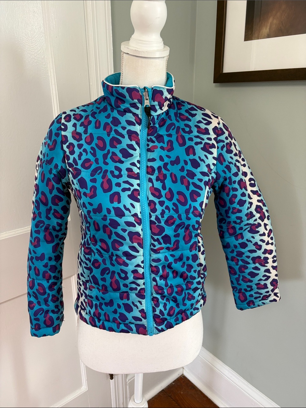Kids Blue Leopard-Print Puffer Jacket Coat Size Medium 7-8